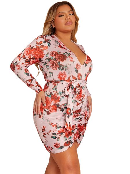 sxy plus floral print plunging neck ruched belted bodycon dress e1ba#, Black 
sxy plus floral print plunging neck ruched belted bodycon dress e1ba#, Black