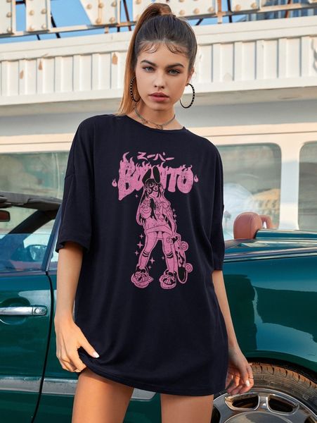 figure & japanese letter graphic drop shoulder tee m6ap#, White 
figure & japanese letter graphic drop shoulder tee m6ap#, White