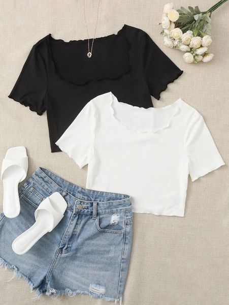 2pcs solid lettuce trim tee r7jp#, White