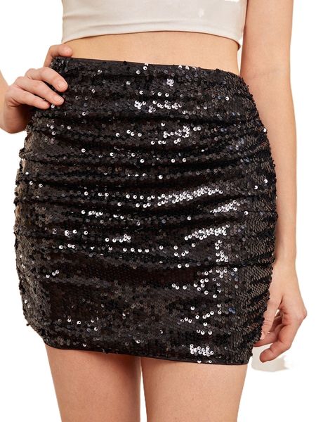 high waist ruched side sequins bodycon skirt b9nx#, Black 
high waist ruched side sequins bodycon skirt b9nx#, Black