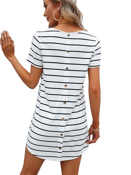 striped button back curved hem tee dress o4p2#, Black;gray 
striped button back curved hem tee dress o4p2#, Black;gray