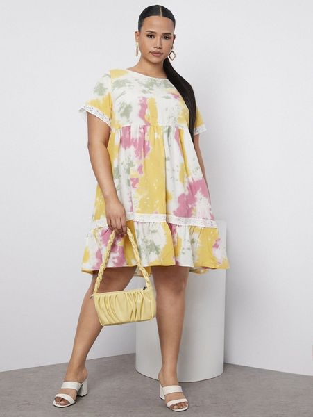 plus tie dye guipure lace insert ruffle hem dress 49p5#, Black