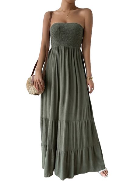 shirred ruffle hem maxi tube dress q8j0#, Black;gray 
shirred ruffle hem maxi tube dress q8j0#, Black;gray