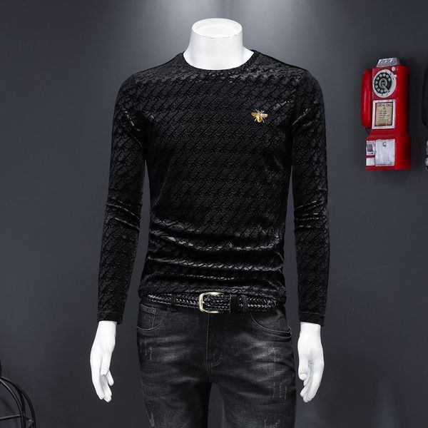2022 new gold velvet embossed embroidered bee men's long sleeves t-shirts round neck slim fit elastic trend all-match casual bottoming, White;black
2022 new gold velvet embossed embroidered bee men's long sleeves t-shirts round neck slim fit elastic trend all-match casual bottoming, White;black