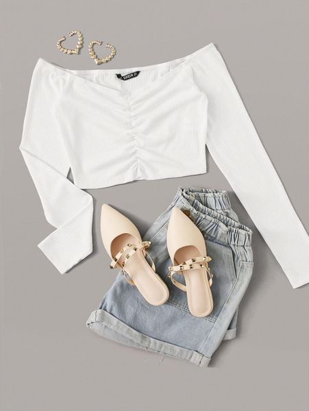 ruched detail bardot crop y1e3#, White