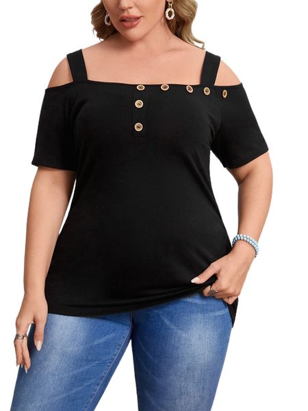 plus cold shoulder button detail tee k10j#, Black 
plus cold shoulder button detail tee k10j#, Black