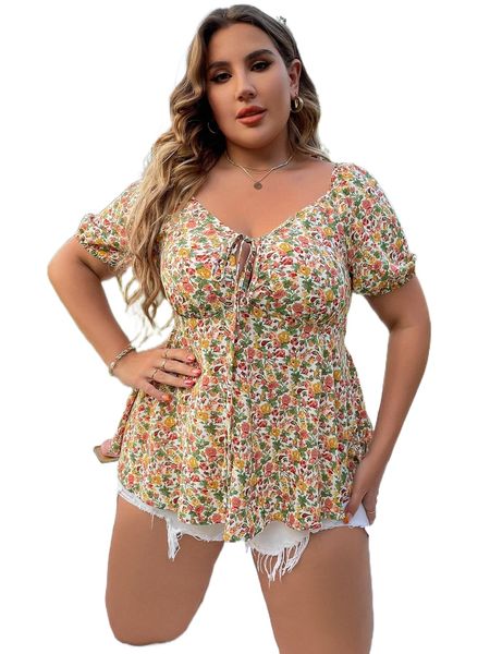 plus allover floral print tie front puff sleeve shirred peplum blouse u63y#, Black
plus allover floral print tie front puff sleeve shirred peplum blouse u63y#, Black