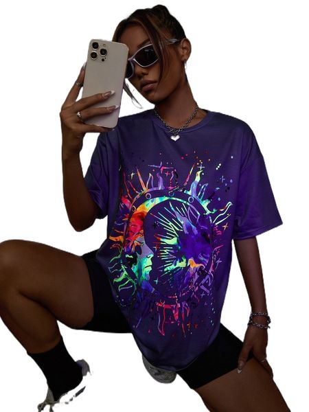 reflective sun & moon print drop shoulder tee p9sg#, White