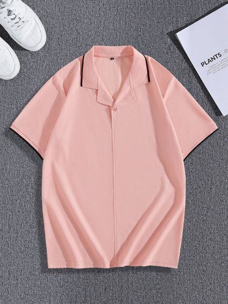 men contrast trim one button front polo shirt p44c#, White;black