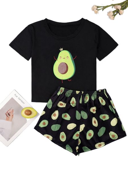 cartoon and avocado print & shorts pj set v2kp#, Black;red