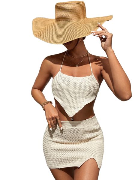 2pack backless knot halter hanky hem cover up 35af#, White;black