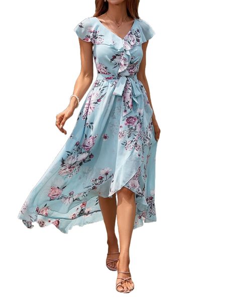 floral print ruffle trim high low hem dress v7qo#, Black;gray 
floral print ruffle trim high low hem dress v7qo#, Black;gray