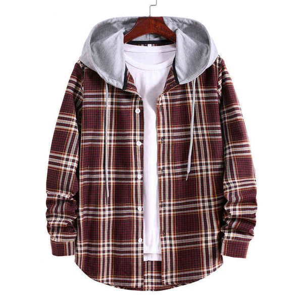 new men's long sleeved plaid shirt korean youth casual loose hooded color matching shirt, White;black
new men's long sleeved plaid shirt korean youth casual loose hooded color matching shirt, White;black