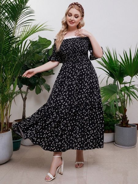 plus ditsy floral off shoulder flounce sleeve ruffle hem dress c2mt#, Black
plus ditsy floral off shoulder flounce sleeve ruffle hem dress c2mt#, Black