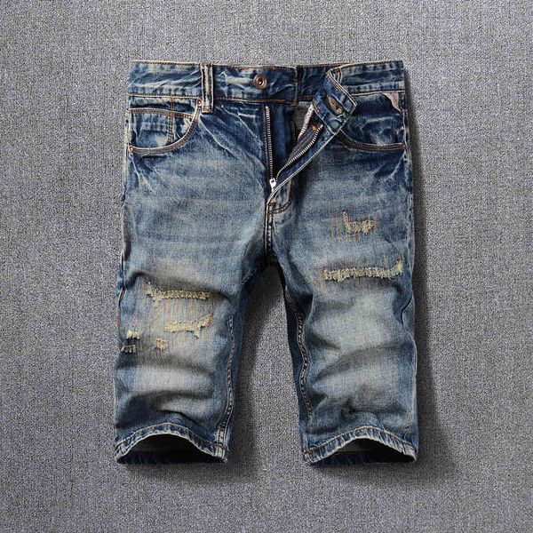 men's jeans denim shorts men's summer style pierced denim trend embroidery patch slim fit elastic capris pv5e, Blue