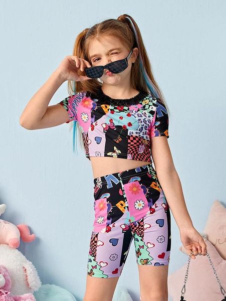 girls lace trim patchwork print & biker shorts set she, White 
girls lace trim patchwork print & biker shorts set she, White