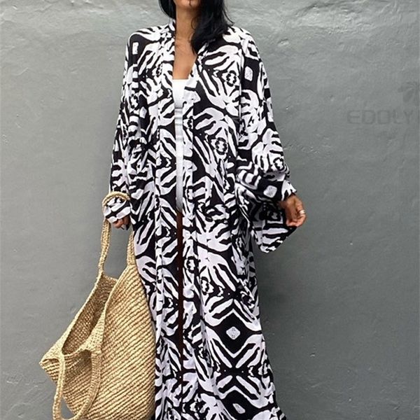 

casual printed long sleeve self belted kimono dress plus size women casual elastic waist long loose slit beach dress q1340 220510, Black;gray