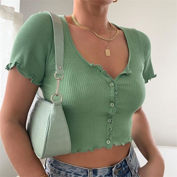 women vneck short sleeve ruffle tshirt clubwear buttons bodycon solid tshirt crop summer outwear tee shirt femme 220527, White
women vneck short sleeve ruffle tshirt clubwear buttons bodycon solid tshirt crop summer outwear tee shirt femme 220527, White
