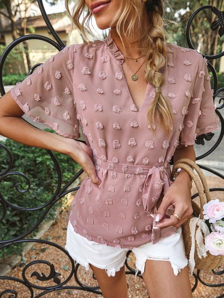 swiss dot notch neck belted blouse 961k#, White 
swiss dot notch neck belted blouse 961k#, White