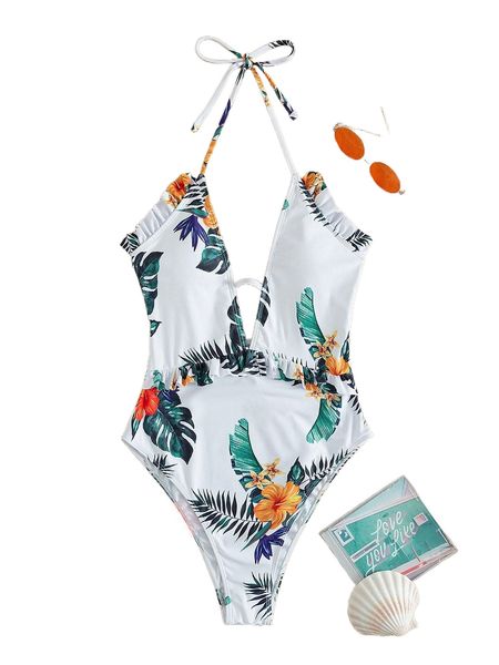 tropical print frill trim one piece swimsuit x51m#, White;black 
tropical print frill trim one piece swimsuit x51m#, White;black