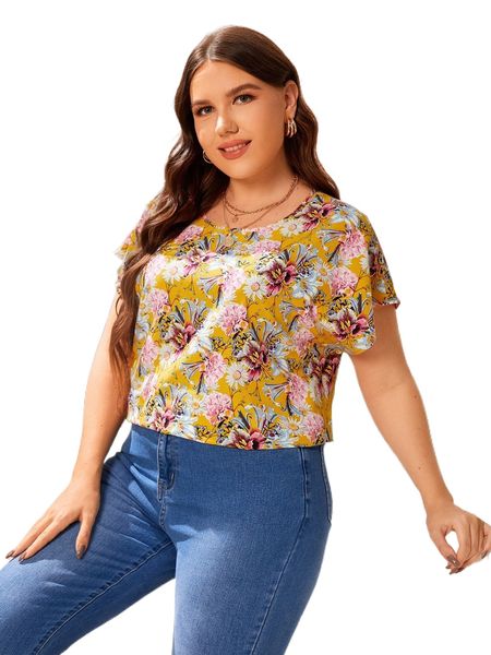plus floral print batwing sleeve blouse p6aa#, Black