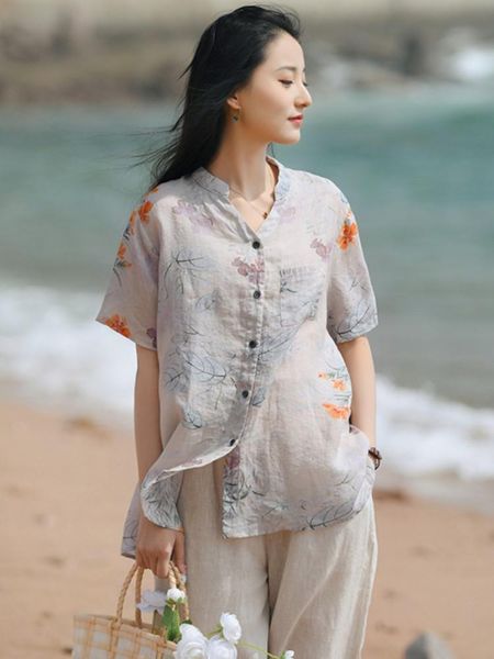 women's blouses shirts johnature women print floral and stand short sleeve ramie button 2022 summer original vintage shirtswomen', White
women's blouses shirts johnature women print floral and stand short sleeve ramie button 2022 summer original vintage shirtswomen', White