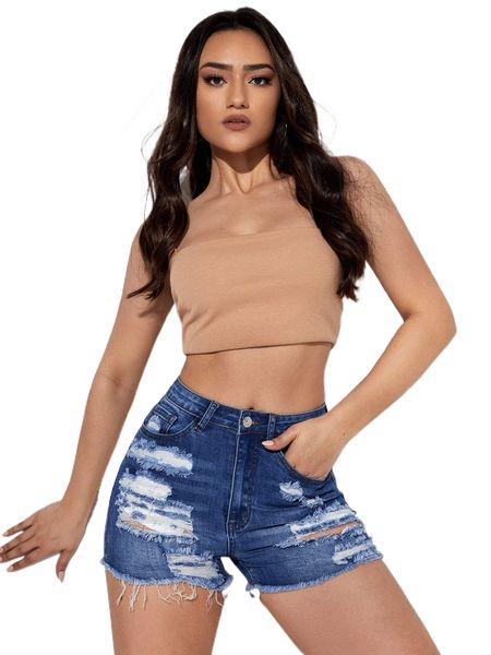 ripped raw hem denim shorts 407e#, White;black