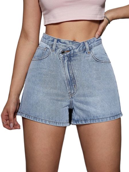 asymmetrical waist denim shorts v072#, White;black