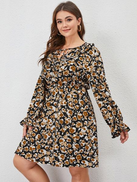 plus allover floral print tie neck ruffle trim flounce sleeve dress d6zs#, Black
plus allover floral print tie neck ruffle trim flounce sleeve dress d6zs#, Black