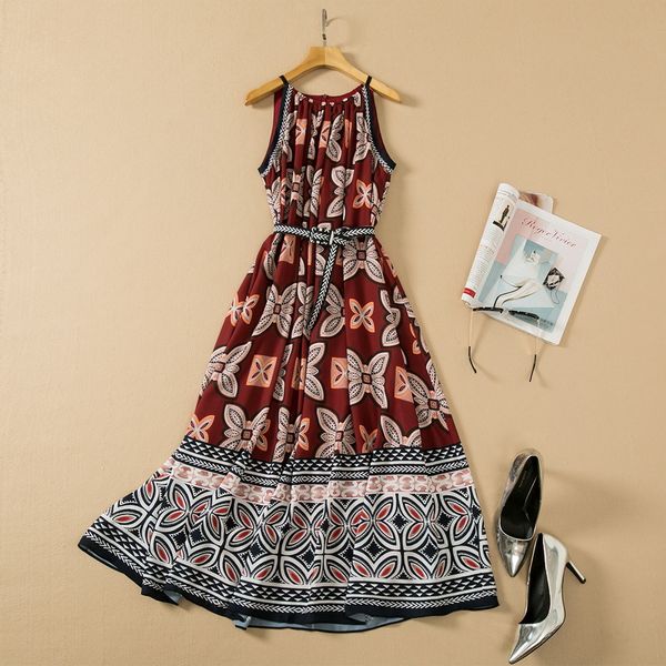 european and american women's wear spring 2022 new sleeveless round neck retro print belt fashionable pleated dress, Black;gray
european and american women's wear spring 2022 new sleeveless round neck retro print belt fashionable pleated dress, Black;gray