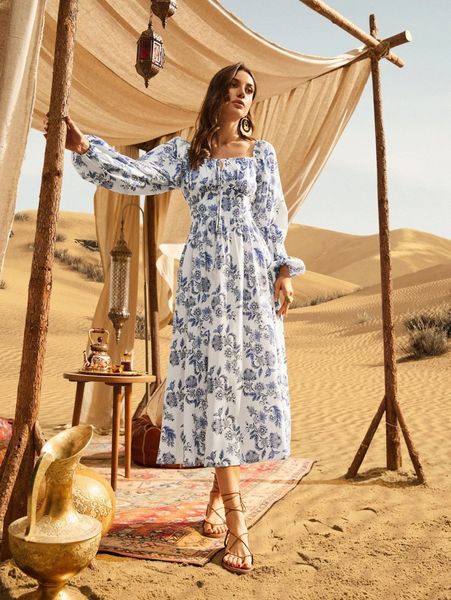 floral tie neck bishop sleeve dress 61bl#, Black;gray