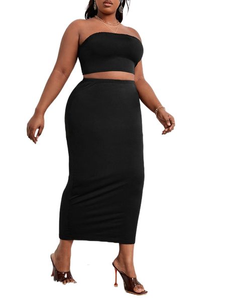 sxy plus solid tube & pencil skirt o22g#, Black