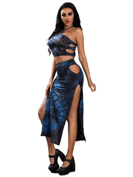 graphic print cut out crop halter & split thigh skirt s5nj#, White 
graphic print cut out crop halter & split thigh skirt s5nj#, White