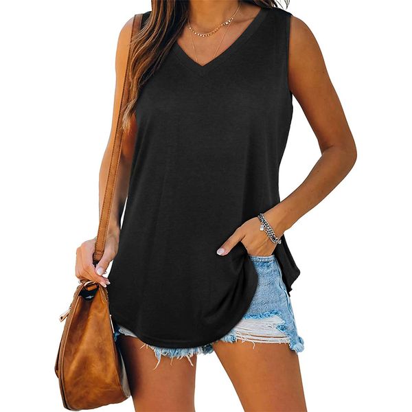 women summer tank loose sleeveless casual blouses v neck camis solid color shirts, White
women summer tank loose sleeveless casual blouses v neck camis solid color shirts, White