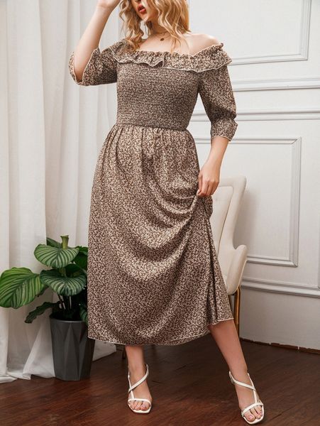 plus ditsy floral print frilled off shoulder shirred flounce sleeve dress k6pj#, Black
plus ditsy floral print frilled off shoulder shirred flounce sleeve dress k6pj#, Black