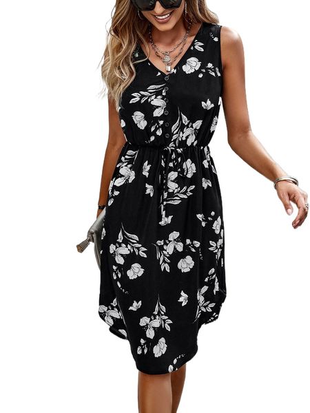 floral print half button dress s9bg#, Black;gray