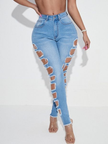 sxy cut out frayed raw hem skinny jeans u31p#, Blue