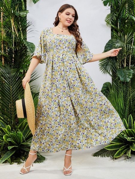 plus allover floral print flutter sleeve fold pleated hem dress b4uo#, Black 
plus allover floral print flutter sleeve fold pleated hem dress b4uo#, Black