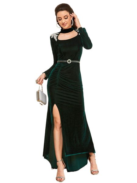 appliques choker neck ruched front split thigh velvet prom dress without belt i5o8#, Black;gray
appliques choker neck ruched front split thigh velvet prom dress without belt i5o8#, Black;gray
