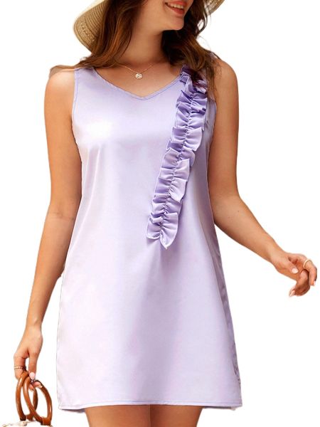 ruffle trim sleeveless tunic dress m2fn#, Black;gray