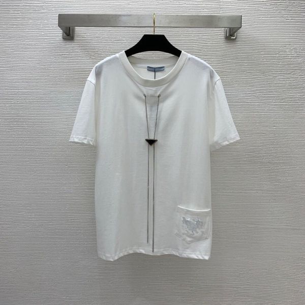 women summer spring t shirts brand triangle metal necklace short sleeve loose pocket embroidery t-shirt fashion round neck pure cotton tees, White
women summer spring t shirts brand triangle metal necklace short sleeve loose pocket embroidery t-shirt fashion round neck pure cotton tees, White