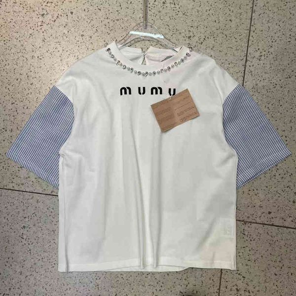 spring summer new lettered print collar rhinestone pearl decorative stripe stitching short sleeve round neck t-shirt, White
spring summer new lettered print collar rhinestone pearl decorative stripe stitching short sleeve round neck t-shirt, White