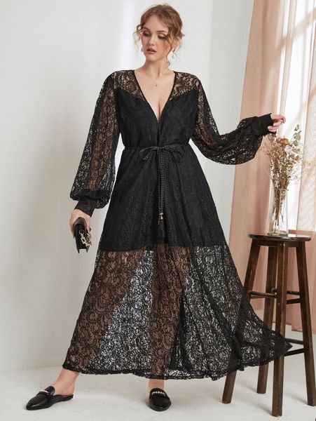 x elle rebel plus lantern sleeve plunging neck belted lace dress o6qn#, Black
x elle rebel plus lantern sleeve plunging neck belted lace dress o6qn#, Black