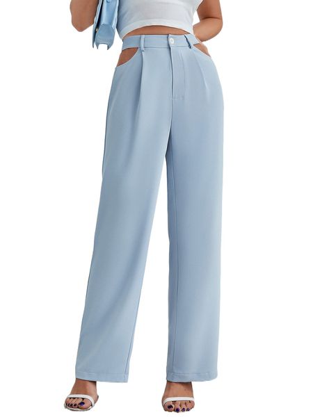 cut out waist straight leg pants f8is#, Black;white