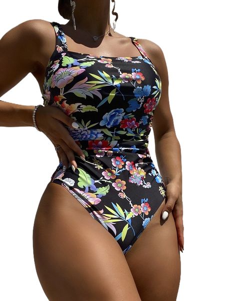 

random floral print ruched one piece swimsuit a8o0#, White;black