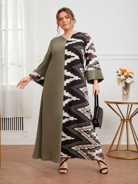 plus notch neck geo print dress 56zj#, Black