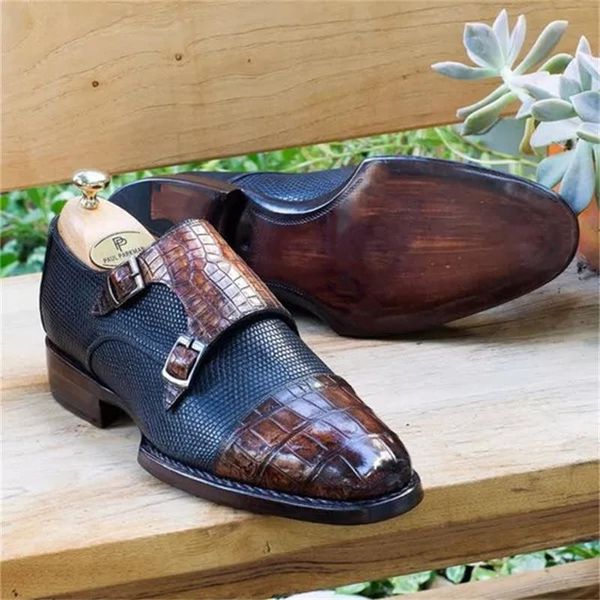 

new monk shoes men pu colorblock classic business casual banquet crocodile pattern double buckle fashion dress shoes cp034, Black