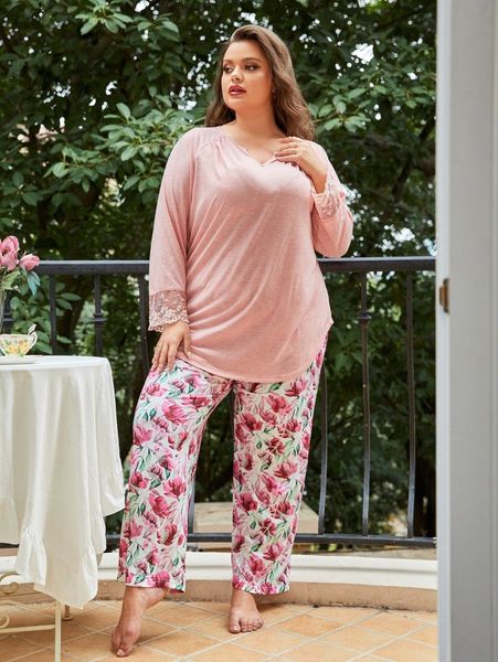 plus notched neck embroidery mesh cuff & floral print pants pj set g6iv#, Black;white
plus notched neck embroidery mesh cuff & floral print pants pj set g6iv#, Black;white
