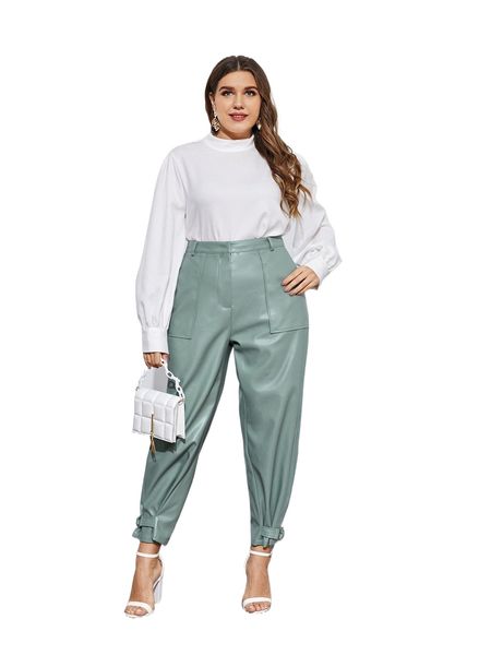 plus d-ring strap hem pu leather pants a85u#, Black