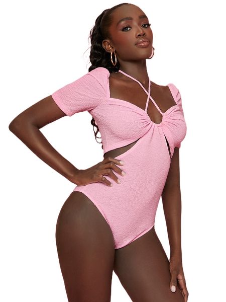 newness crisscross tie back textured cut out bodysuit 98o4#, White